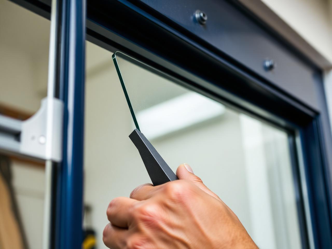 Glazier fitting a sealed glass unit into an aluminium frame