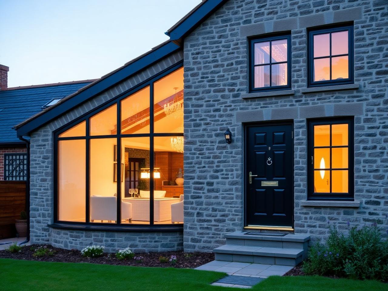 period cottage with modern glazing at dusk